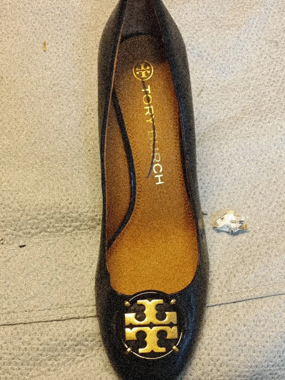 Tory Burch Black Leather Logo Ballet Flat with Gold Emblem